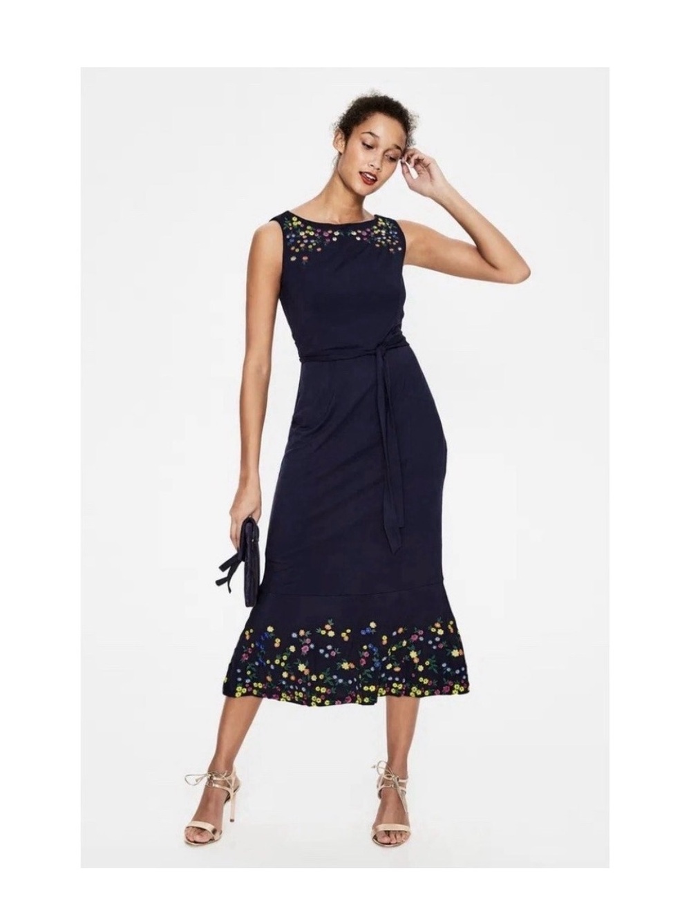Boden Hattie Navy Scoop Neck Floral Embroidered Knit Midi Dress Sleeveless US 12
